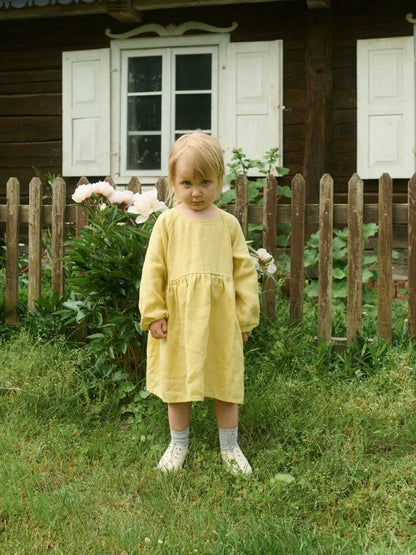 Girls Nordic Linen Dress - Sunny Yellow Long-Sleeve