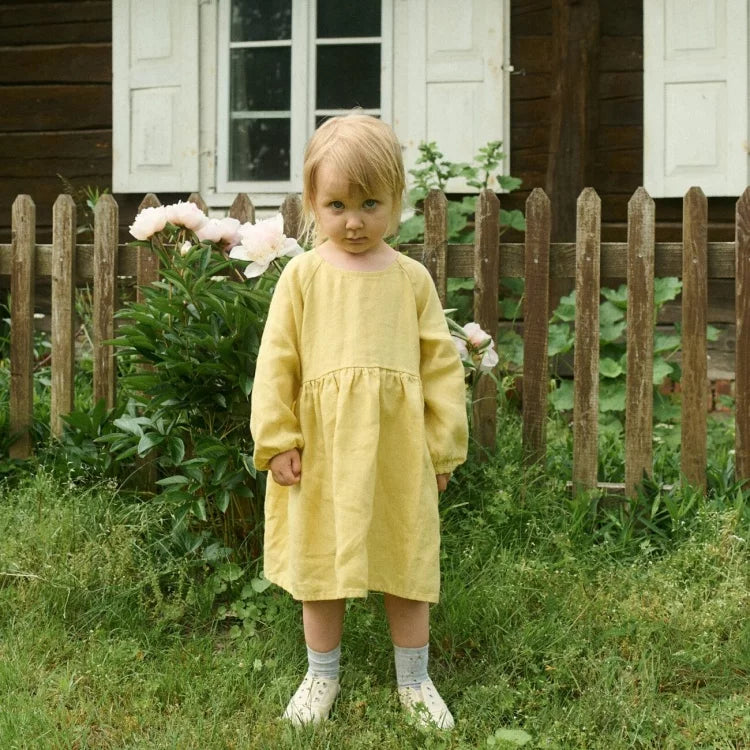 Girls Nordic Linen Dress - Sunny Yellow Long-Sleeve
