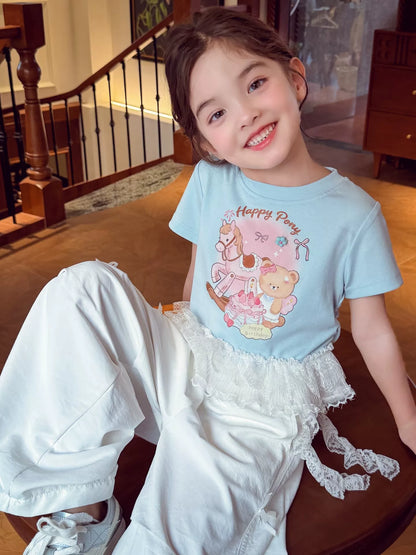 Girls Lace-Sleeve Cartoon Tee - Ballet-Style Summer Top