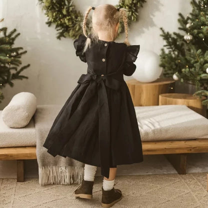 Girls Nordic Linen Dress - Black Long-Sleeve Autumn