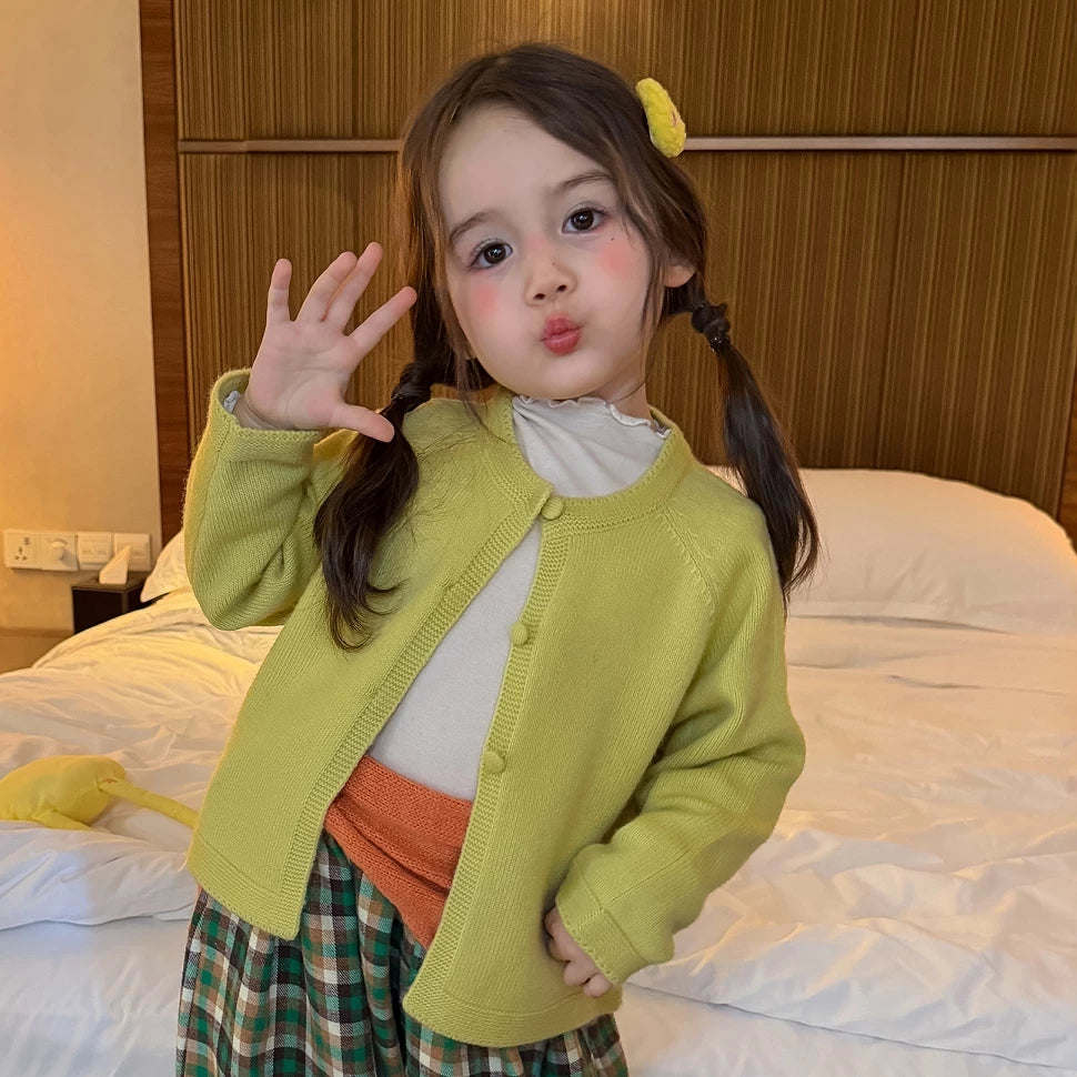 Girls Knit Cardigan, Base Top & Plaid Wide-Leg Pants Set - Retro Autumn 3-Piece
