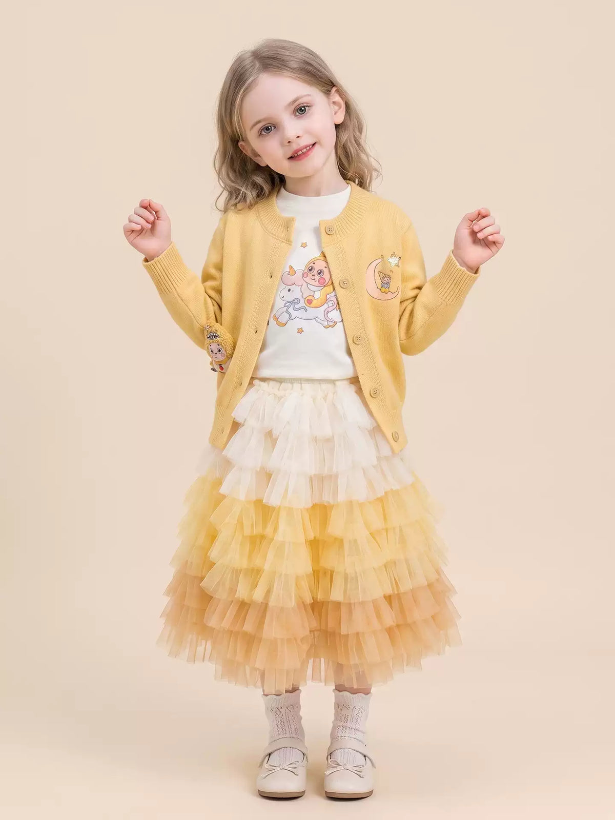 Girls Knit Cardigan, Top & Skirt Set - Cartoon Embroidered Three-Piece