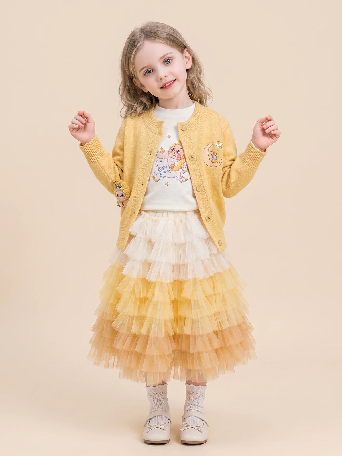 Girls Cartoon Cardigan Three-Piece Set - Knit Top & Tiered Skirt