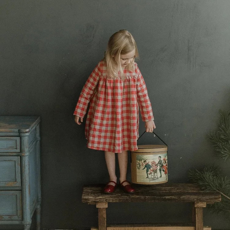 Girls Nordic Linen Pinafore Dress - Red Autumn Overall Dress