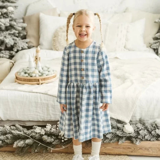 Girls Nordic Linen Dress - Blue-White Gingham Autumn