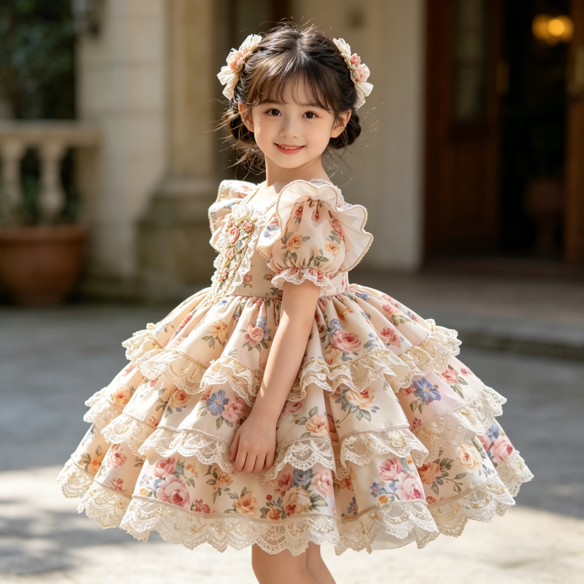 Girls Floral Couture Lolita Dress - Embroidered Birthday Princess Gown with Hair Accessory Option