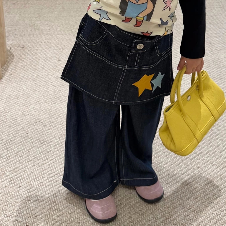 Girls Colour-Block Print Top & Skirt-Panel Jeans Set - Autumn