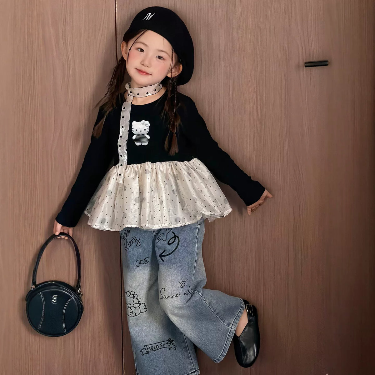 Girls Mesh-Panel Kitty Top & Jeans Set - Sweet Autumn Two-Piece