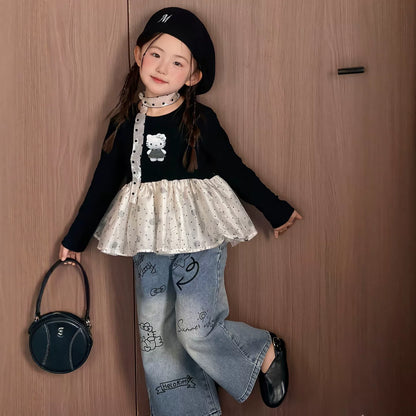 Girls Mesh-Panel Kitty Top & Jeans Set - Sweet Autumn Two-Piece