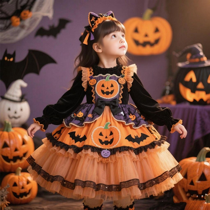 Girls Halloween Pumpkin Lolita Dress - Fleece-Lined Puffy Princess Gown