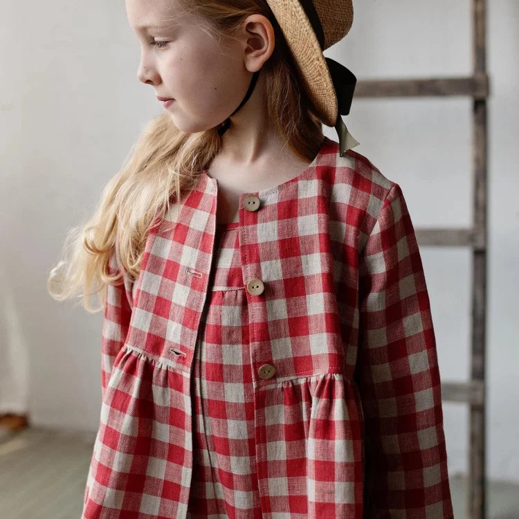 Girls Nordic Linen Dress - Pink Check Autumn