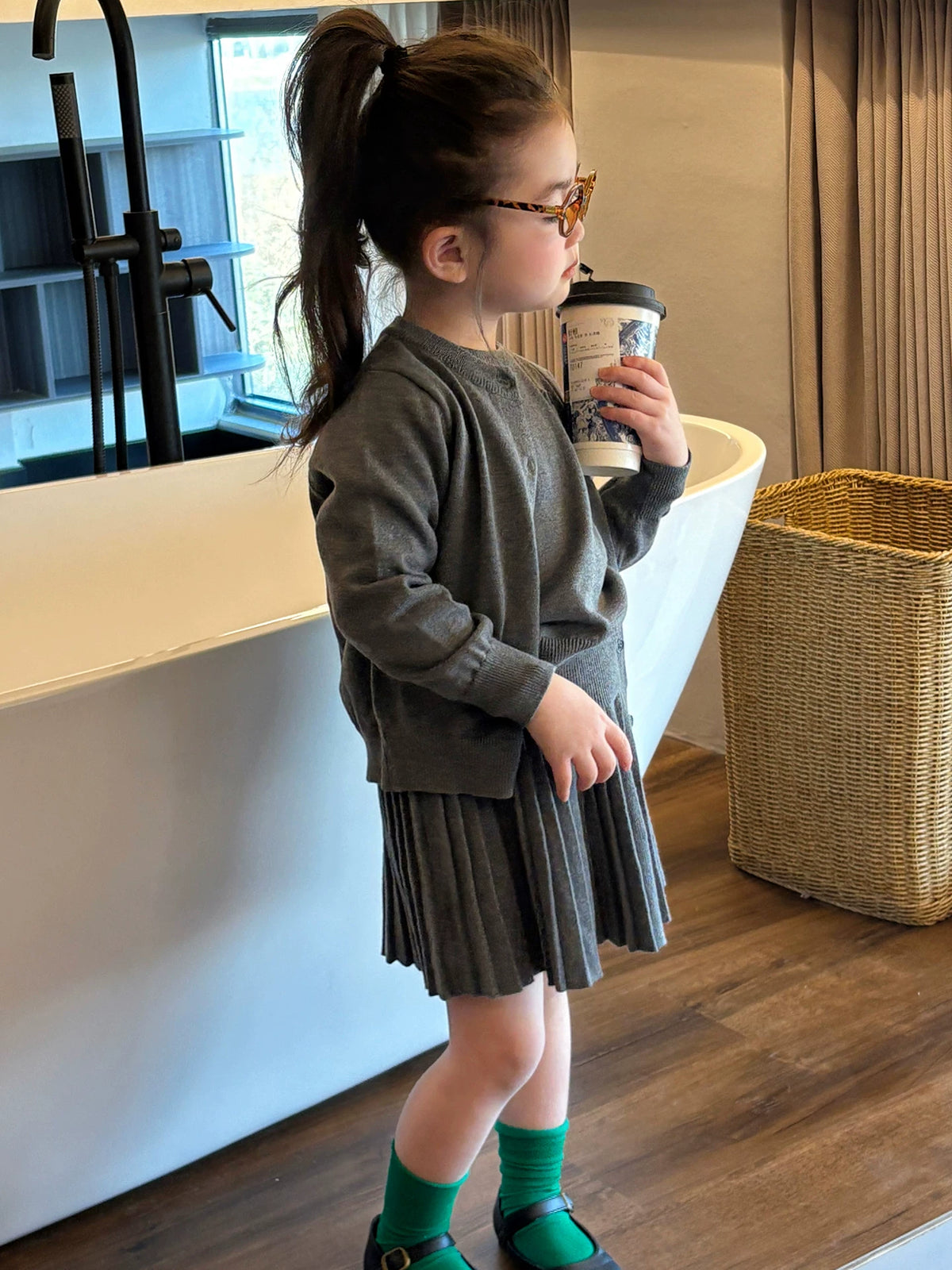 Girls Grey Knit Cardigan & Pleated Skirt Set - Preppy Three-Piece