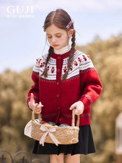 Girls Festive Red Knit Cardigan - Round Neck Holiday Sweater