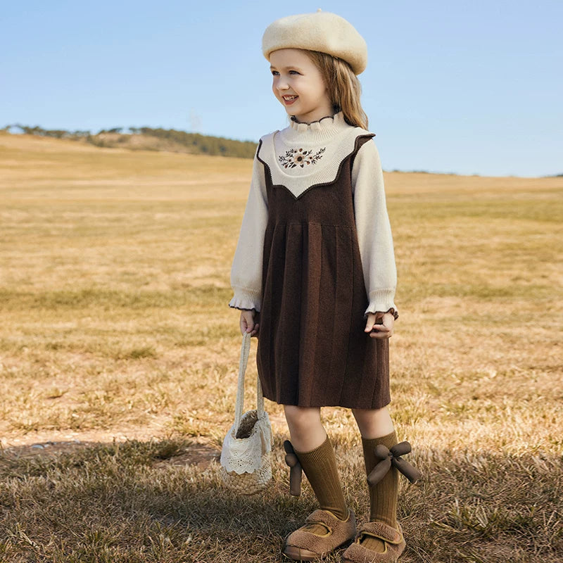 Girls Preppy Knit Sweater Dress - Embroidered Long-Sleeve Midi