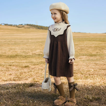 Girls Preppy Knit Sweater Dress - Embroidered Long-Sleeve Midi