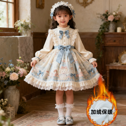 Girls Cartoon Lolita Dress - Fleece-Lined Sweet Birthday Gown with Headpiece