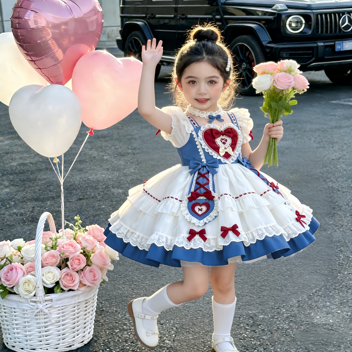 Girls Snow-White Lolita Dress - Sweet Puffy Birthday Stage Gown with Necklace Option