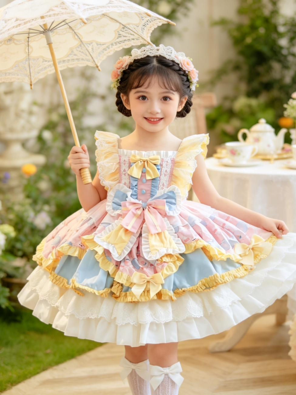 Girls Butter-Pink Lolita Cake Dress - Stage-Ready Birthday Princess Gown