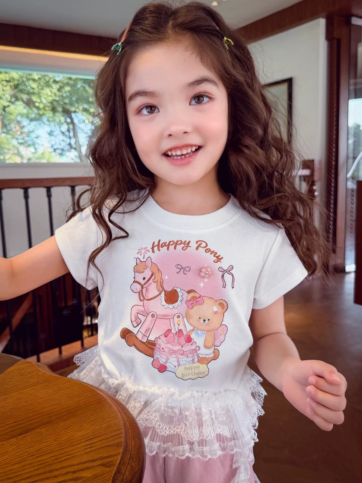 Girls Lace-Sleeve Cartoon Tee - Ballet-Style Summer Top