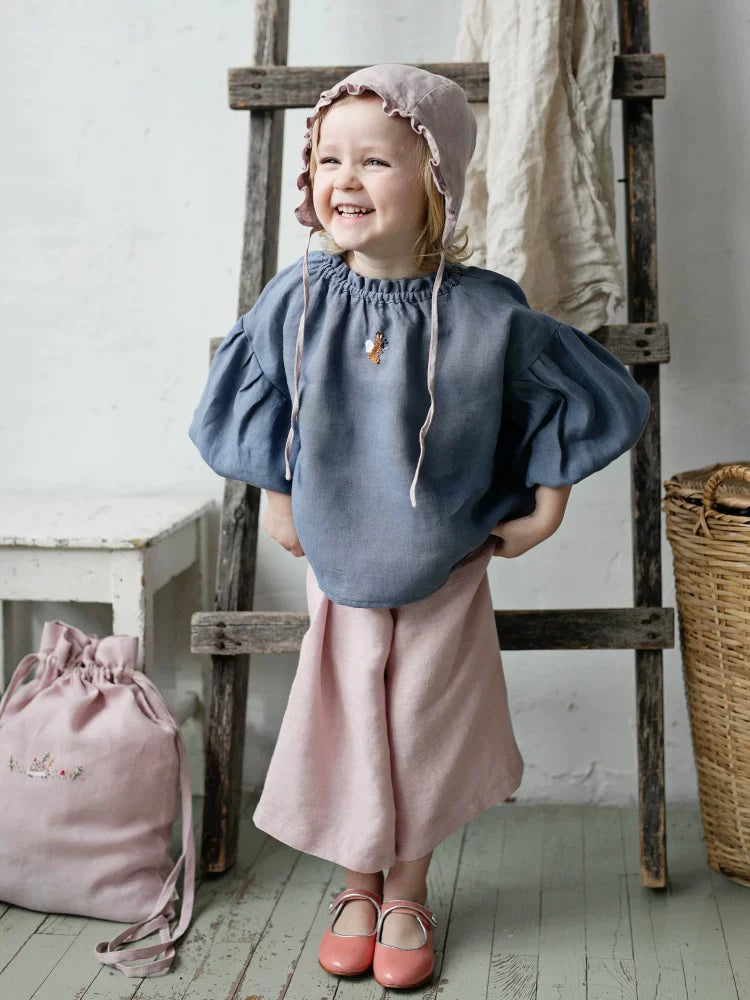 Girls Nordic Linen Shirt & Pants Set - Blue-Grey & Pink