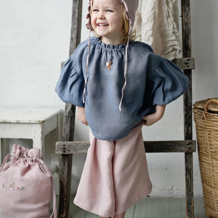 Girls Nordic Linen Shirt & Pants Set - Blue-Grey & Pink