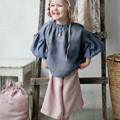 Girls Nordic Linen Shirt & Pants Set - Blue-Grey & Pink
