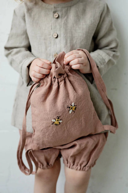 Linen Kids Backpack - Embroidered Animal Daypack, 2 Sizes