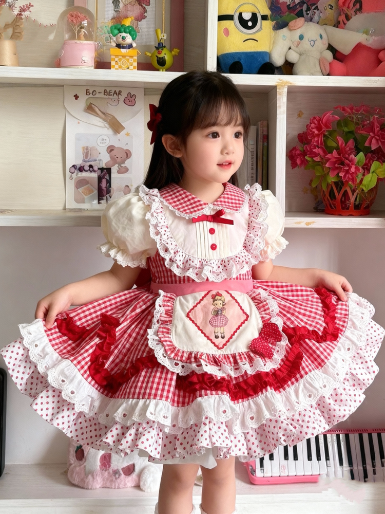 Girls Red-Plaid Lolita Dress - Summer Puffy Princess Dress with Hair Accessory Option