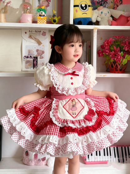 Girls Red-Plaid Lolita Dress - Summer Puffy Princess Dress with Hair Accessory Option