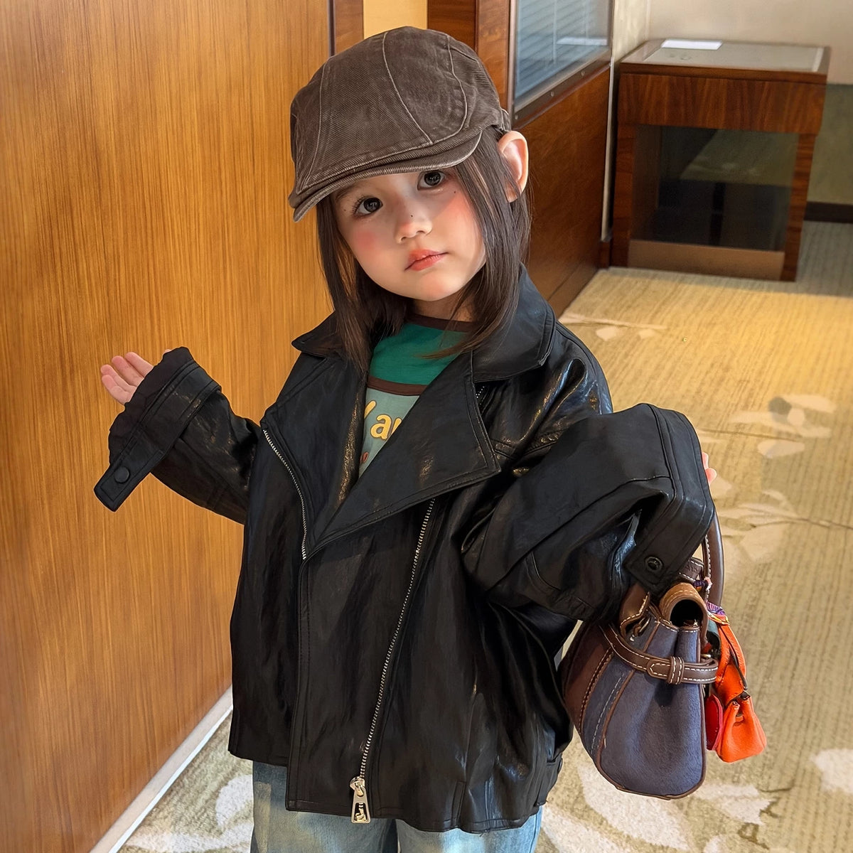 Girls PU Biker Jacket & Flare Jeans Set - Retro Moto Autumn