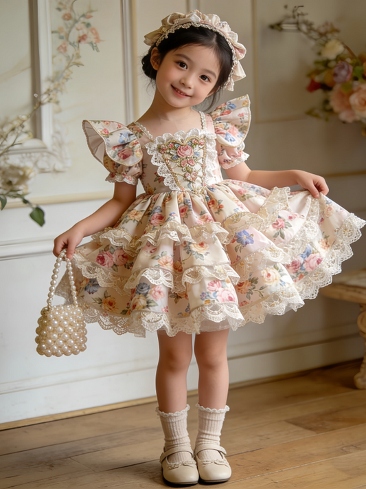 Girls Floral Lolita Birthday Dress - Puffy Cake Princess Gown with Hair Accessory Option