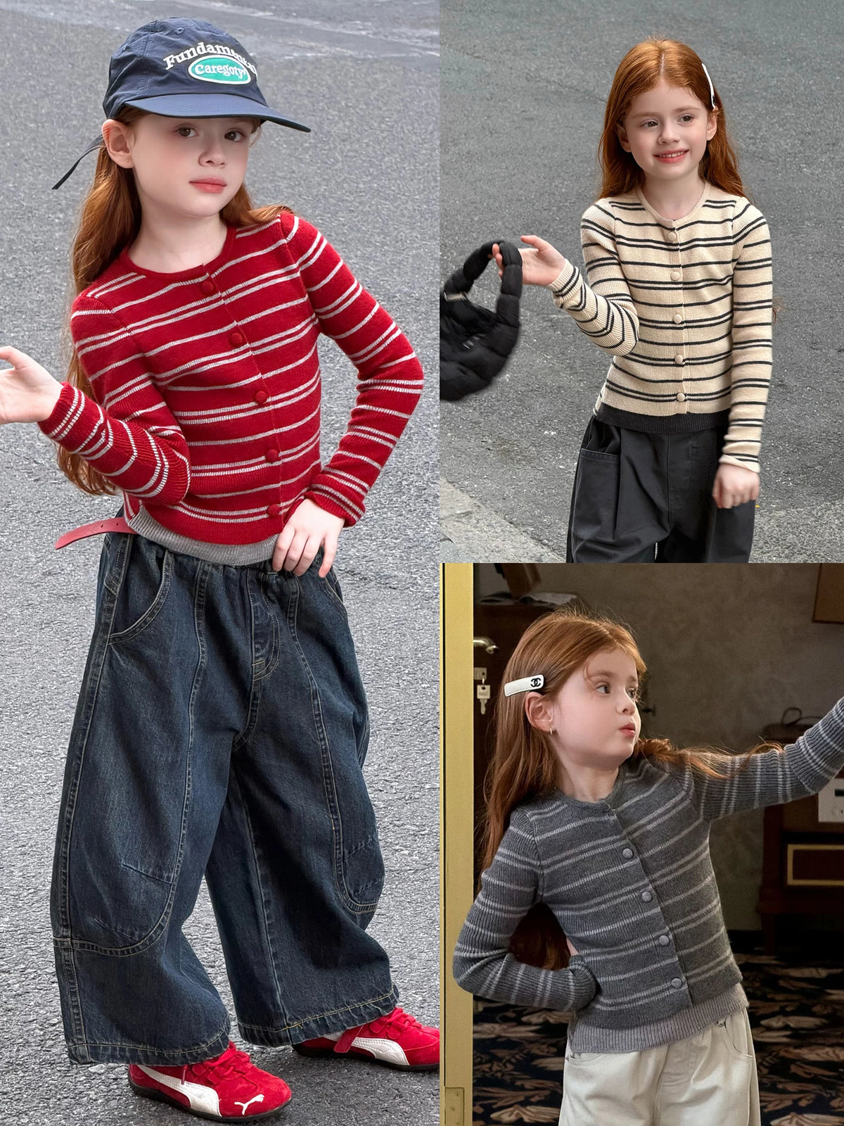Girls Striped Faux Two-Piece Cardigan - Slim Korean Knit