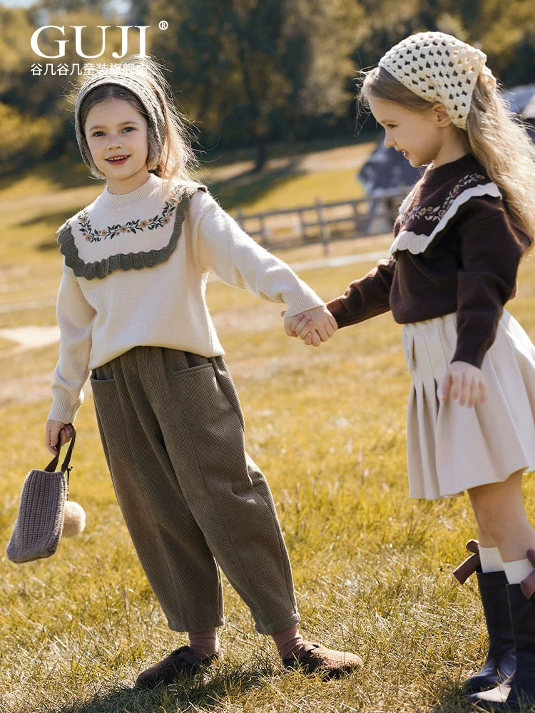 Girls Embroidered Crew-Neck Sweater - Preppy Knit Base Layer