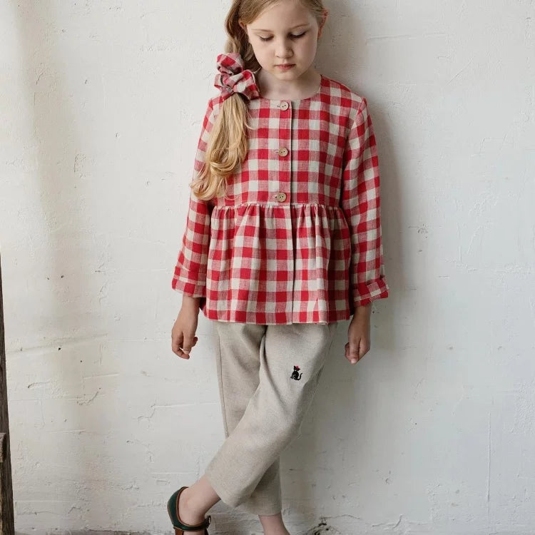 Girls Nordic Linen Dress - Pink Check Autumn