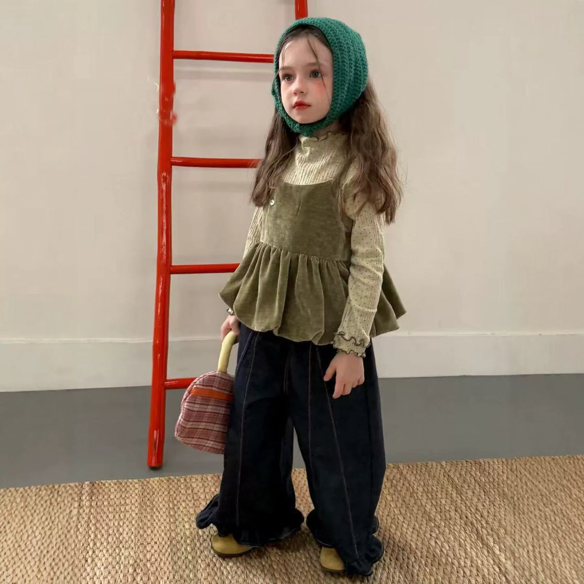 Girls Velvet Cami, Polka-Dot Top & Jeans Set - Forest-Style Autumn Three-Piece