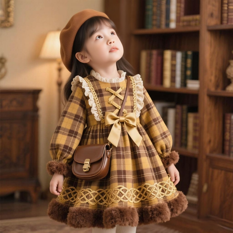 Girls Plaid Lolita Dress - Preppy Long-Sleeve Princess Gown, Unlined or Fleece-Lined