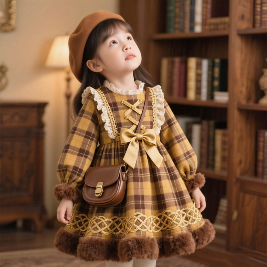 Girls Plaid Lolita Dress - Preppy Long-Sleeve Princess Gown, Unlined or Fleece-Lined
