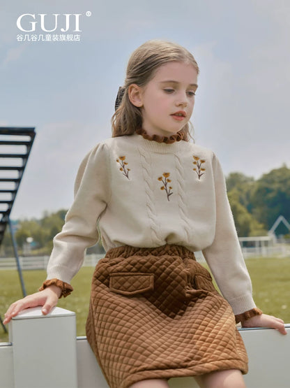 Girls Hand-Knit Crew-Neck Sweater - Embroidered Lace-Trim Pullover