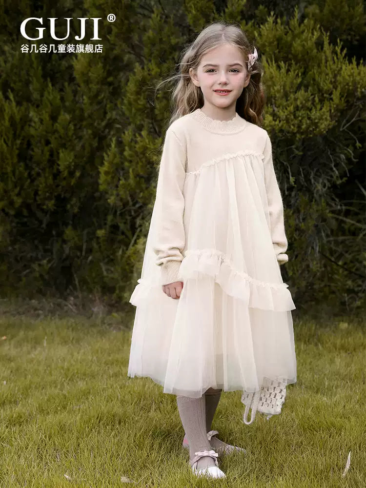 Girls Mesh-Overlay Knit Dress - Soft Tulle Princess Dress