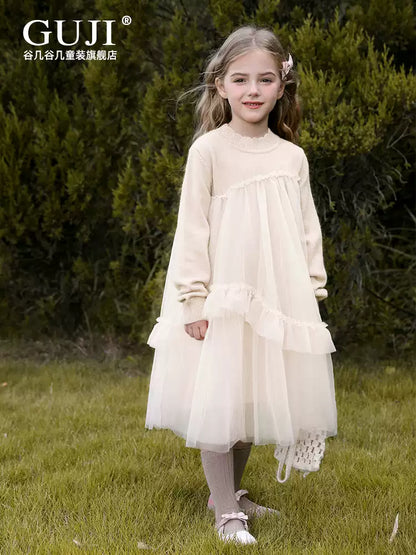 Girls Mesh-Overlay Knit Dress - Soft Tulle Princess Dress