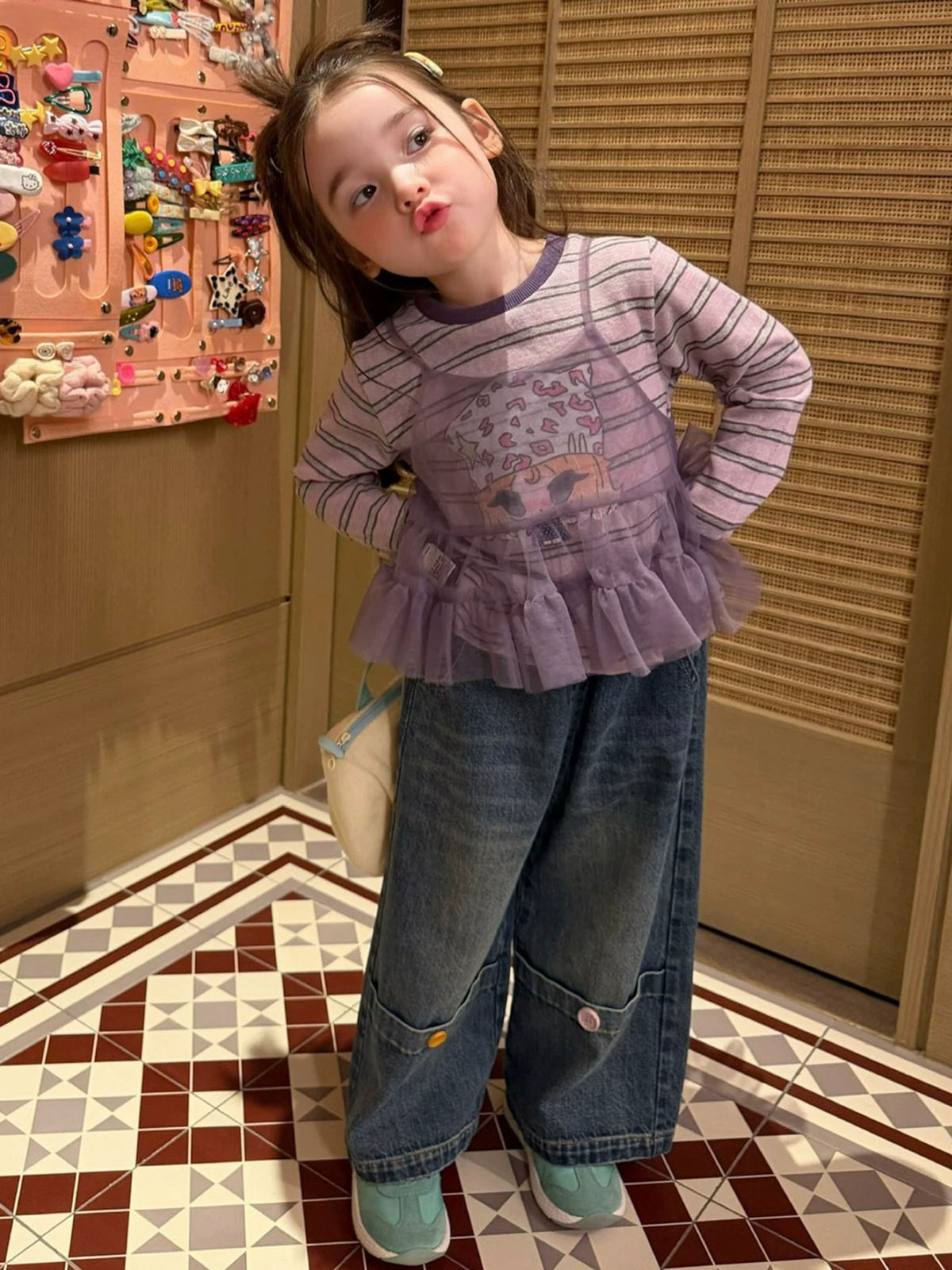 Girls Taro-Purple Layered Top & Jeans Set - Ruffle-Hem Autumn Separates