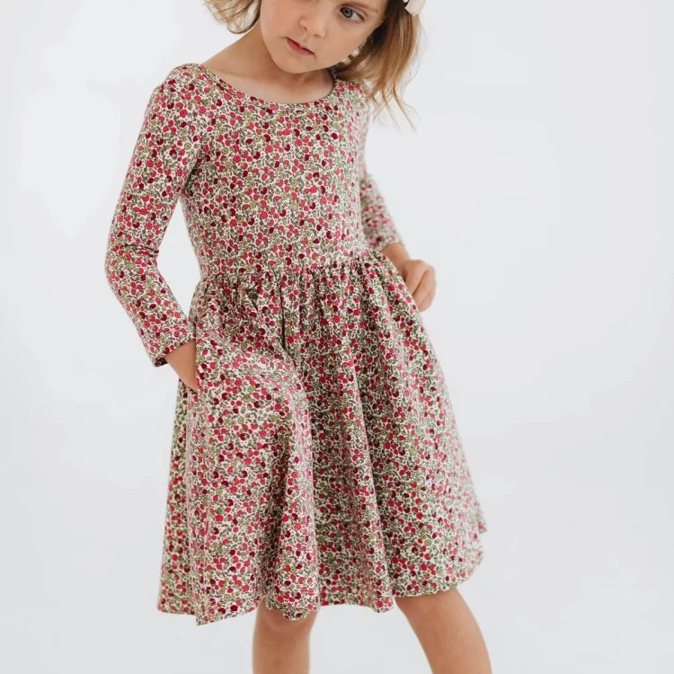 Girls Nordic Linen Dress - Crimson Floral Long-Sleeve