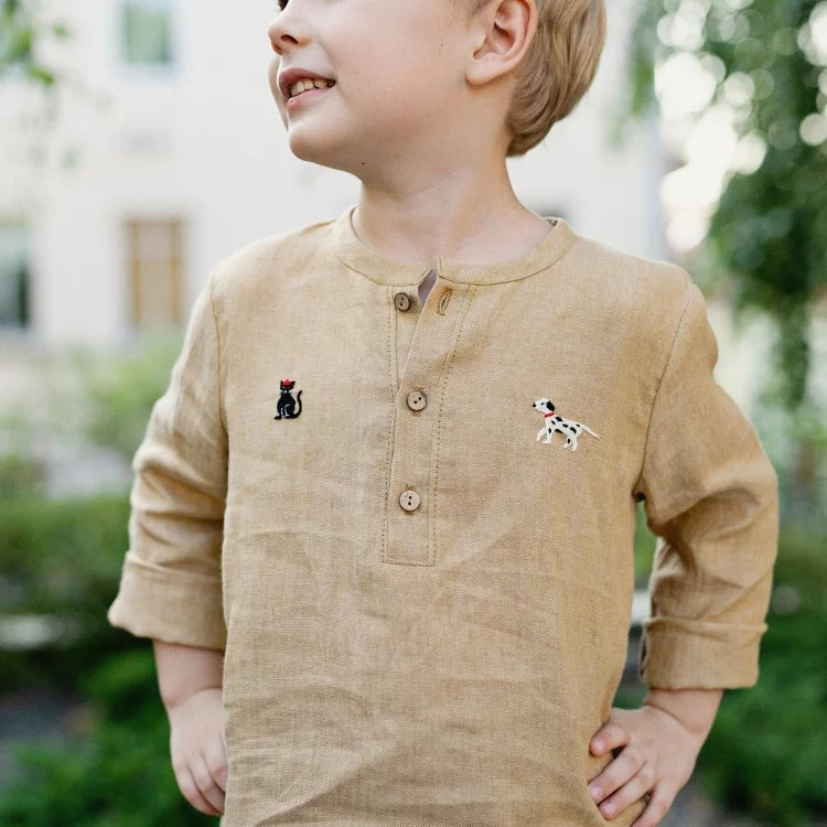 Kids Nordic Linen Shirt - Yellow Embroidered Long-Sleeve