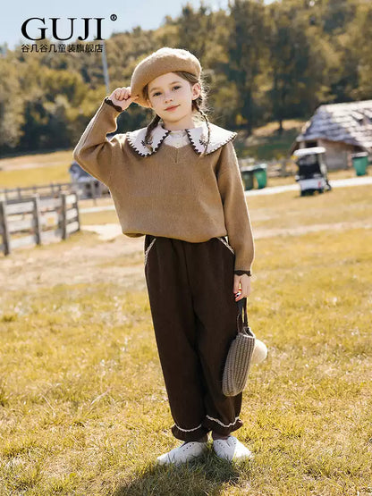 Girls Fleece-Lined Corduroy Joggers - Ruffle-Cuff Warm Pants
