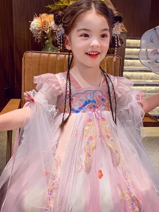 Girls Hanfu-Style Dress - Mesh-Panel National-Style Princess Gown