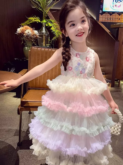 Girls Rainbow Layered Pinafore Dress - French-Style Princess