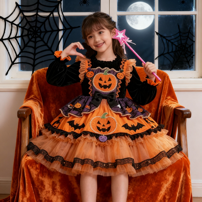 Girls Halloween Pumpkin Lolita Dress - Fleece-Lined Puffy Birthday Princess Gown