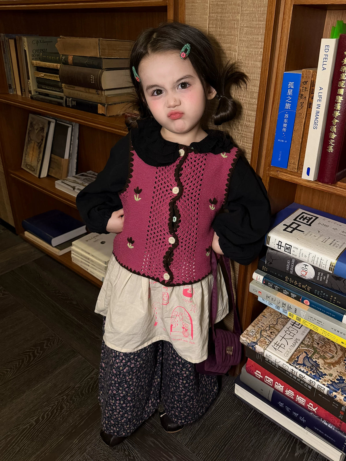 Girls Crochet Vest & Doll-Collar Shirt Set - Autumn Three-Piece