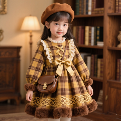 Girls Plaid Lolita Dress - Preppy Long-Sleeve Princess Gown, Unlined or Fleece-Lined