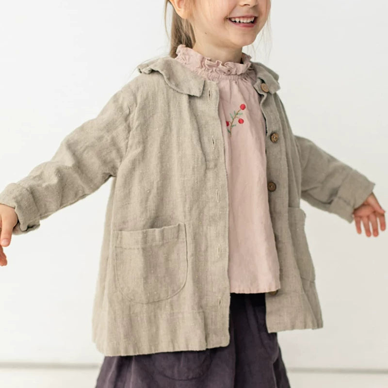 Kids Linen Crew-Neck Jacket - Little-Alice Autumn Cardigan Coat